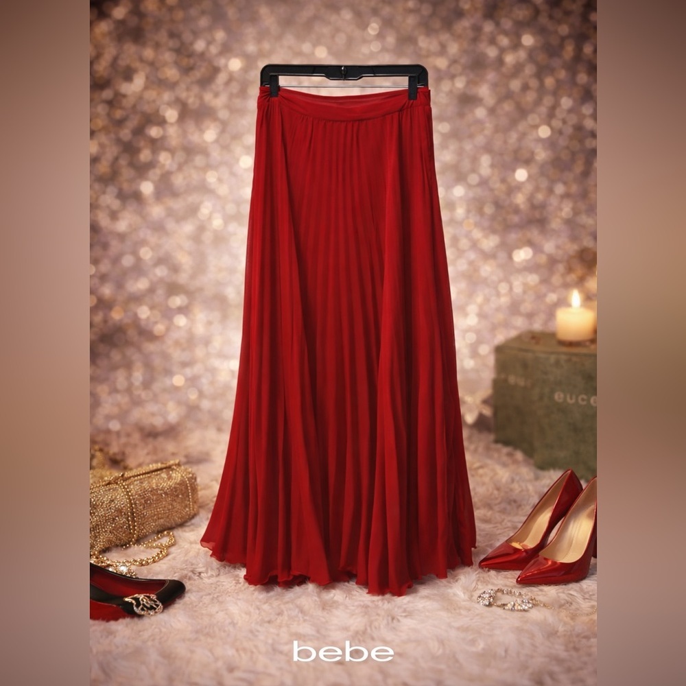 Bebe Red 💃🏻 ♥️ Maxi A-Line Skirt Pleated size Small GUC somewhat transparent